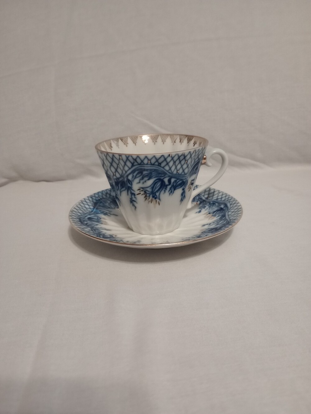 Lomonosov Imperial Porcelain Rhapsody Blue Pattern LFZ Cup & Saucer Set - Russia